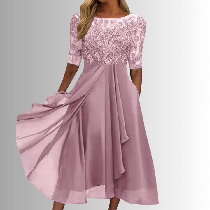 Rhonda | Lace-Embroidered Chiffon Midi Dress