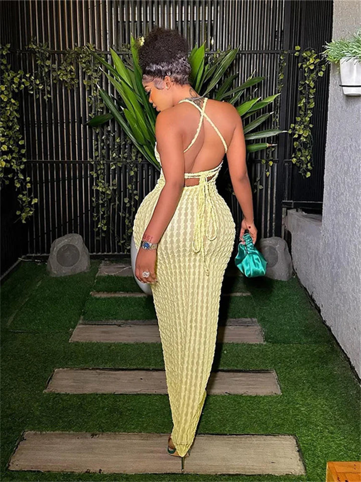 Simenual | Sheer Maxi Dress with Thin Straps and Open Back