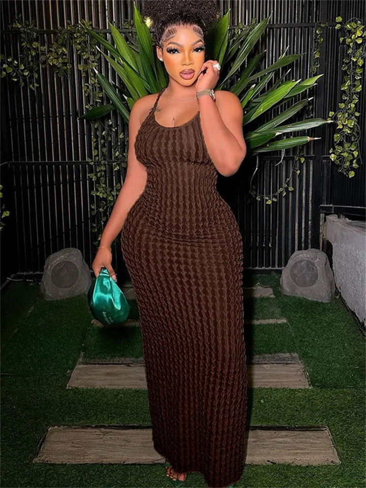 Simenual | Sheer Maxi Dress with Thin Straps and Open Back