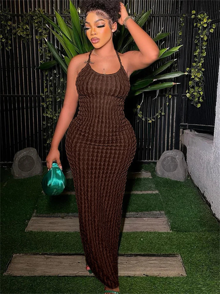 Simenual | Sheer Maxi Dress with Thin Straps and Open Back