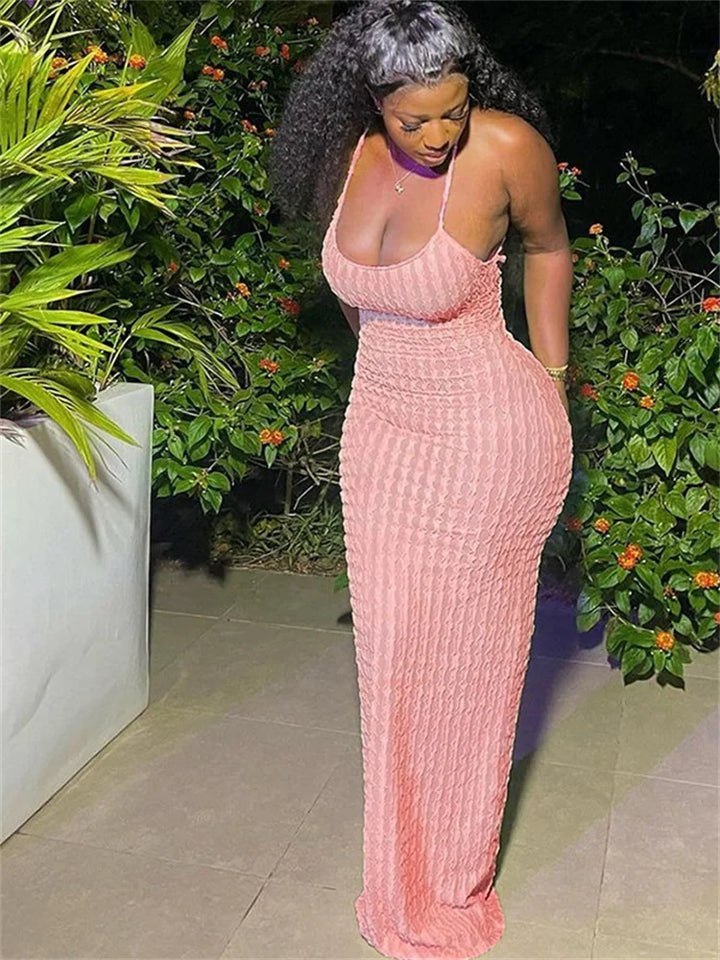 Simenual | Sheer Maxi Dress with Thin Straps and Open Back